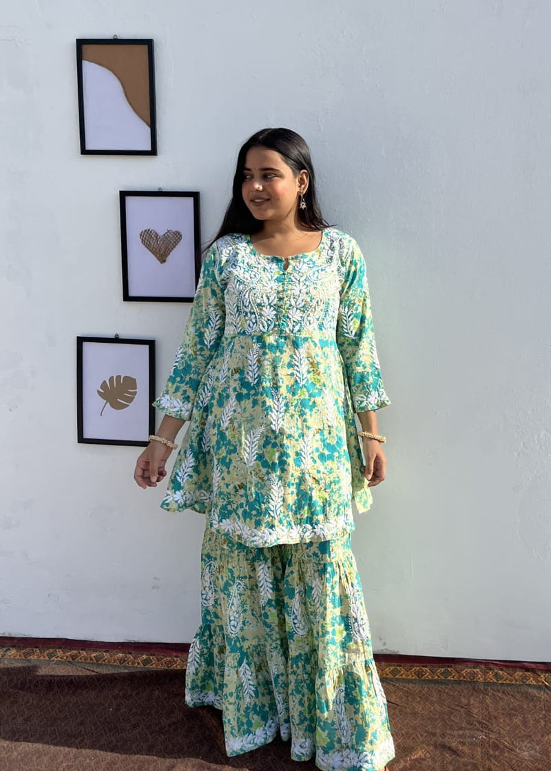 Green mul mul chikankari kurta gharara set