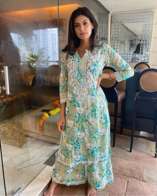 green kurta plazo set in mul mul fabric chikankari set | Hayat's Lucknowi