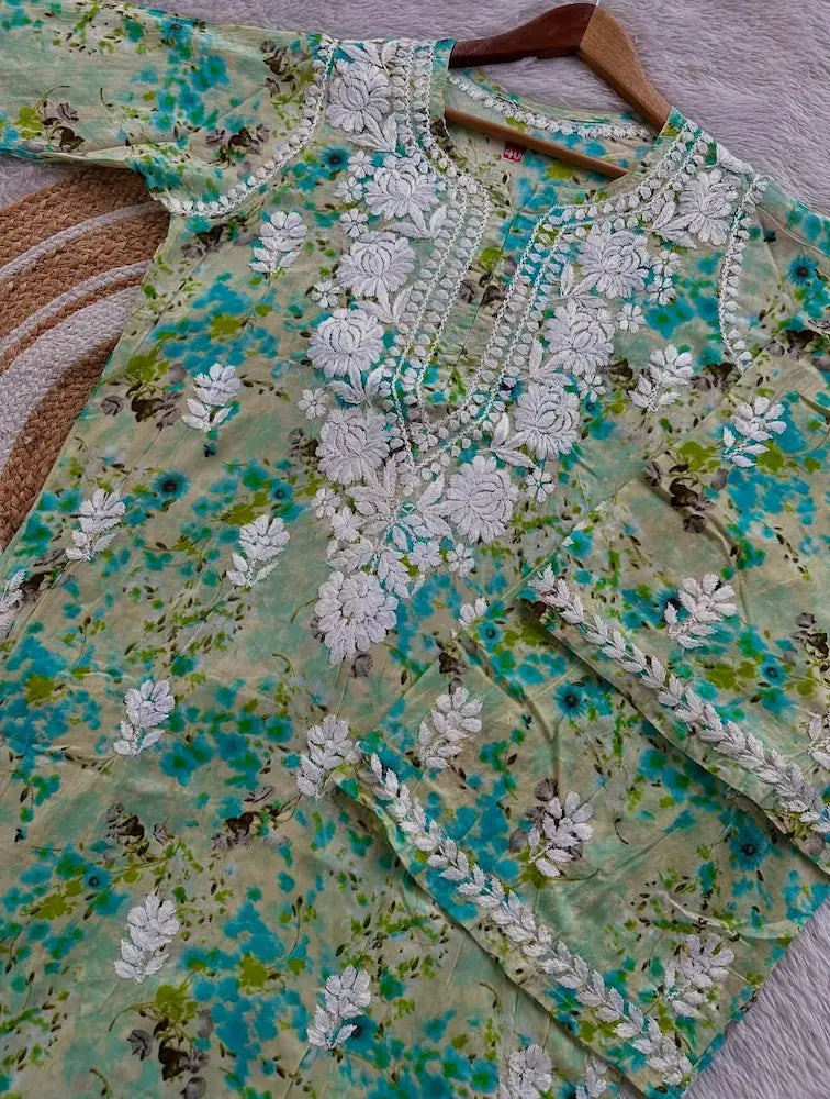 long kurta plazo set of mul mul fabric with chikankari hand embroidery in printed green colour