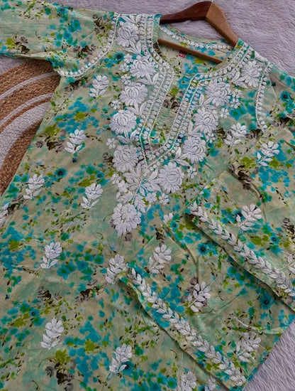 long kurta plazo set of mul mul fabric with chikankari hand embroidery in printed green colour