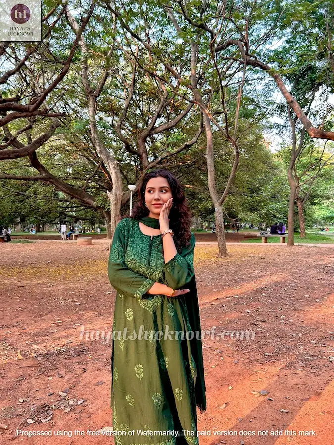 bottle green chikankari kurta plazo dupatta suit set | Hayat's Lucknowi