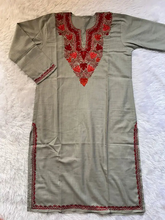 gray kurta with red aari work embroidery of kashmiri aari work