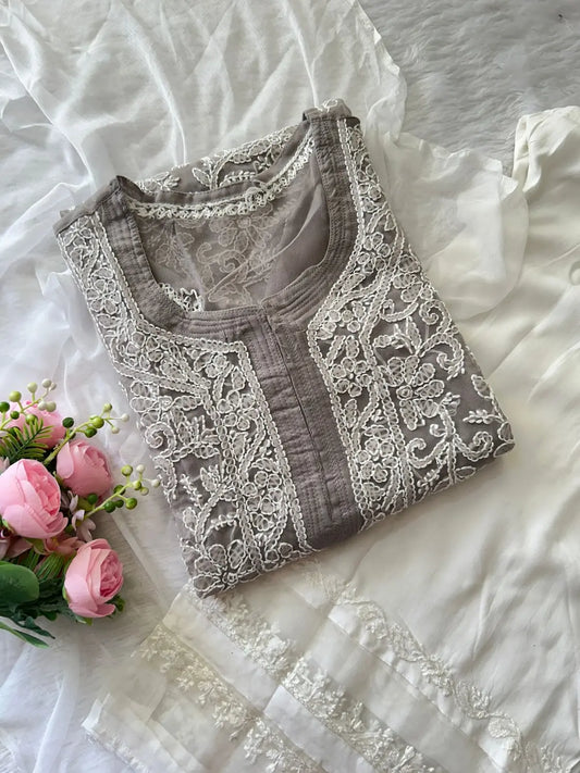 Lucknowi Chikankari Georgette Kurta Plazo Set Grey by Hayat's Lucknowi