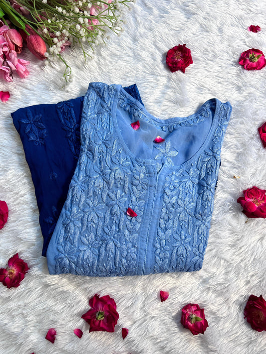 Inaya Blue Viscose Georgette Chikankari Kurta