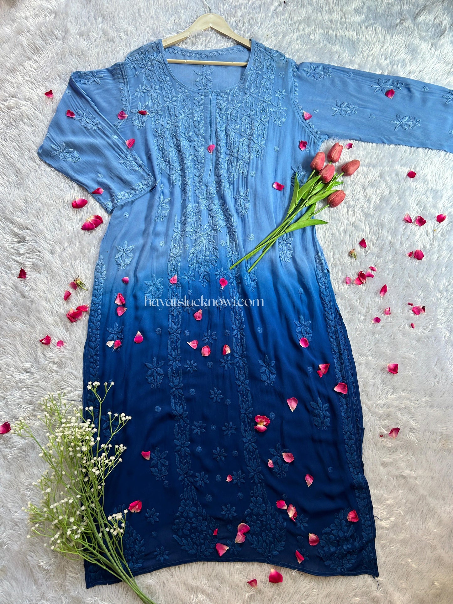 Inaya Blue Viscose Georgette Chikankari Kurta