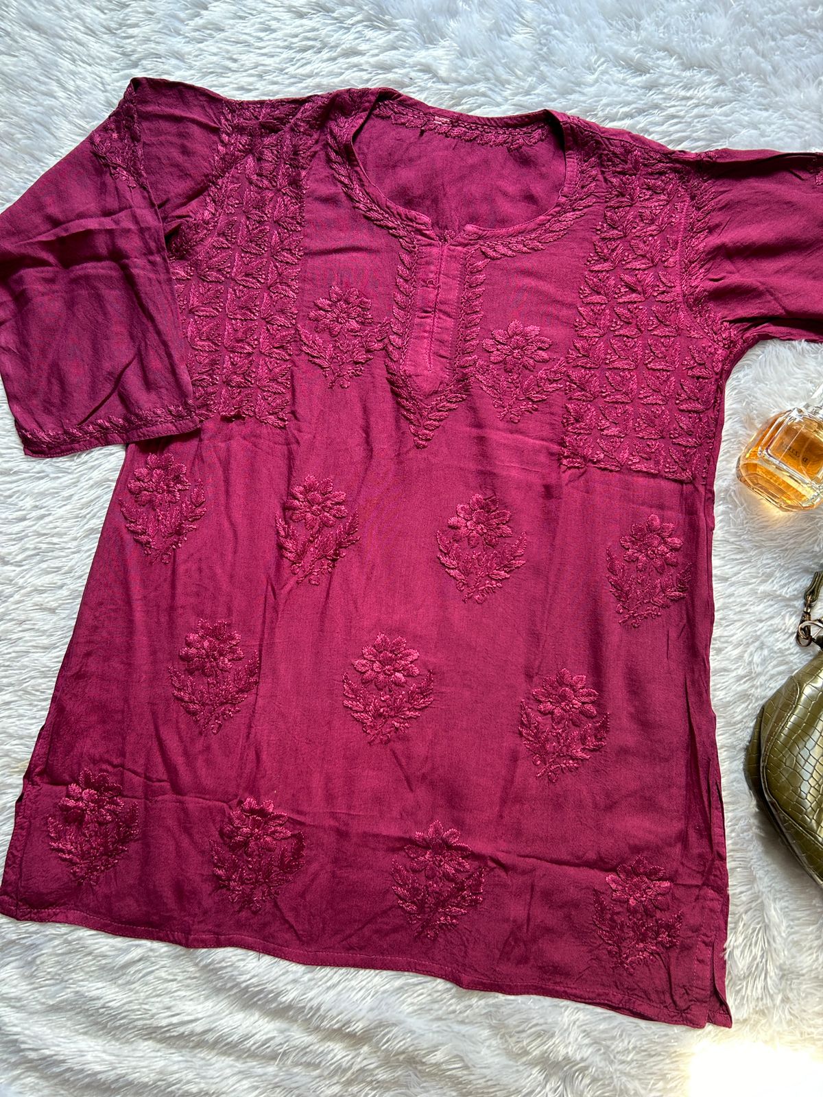 Kehkasha fuschia short chikankari rayon top