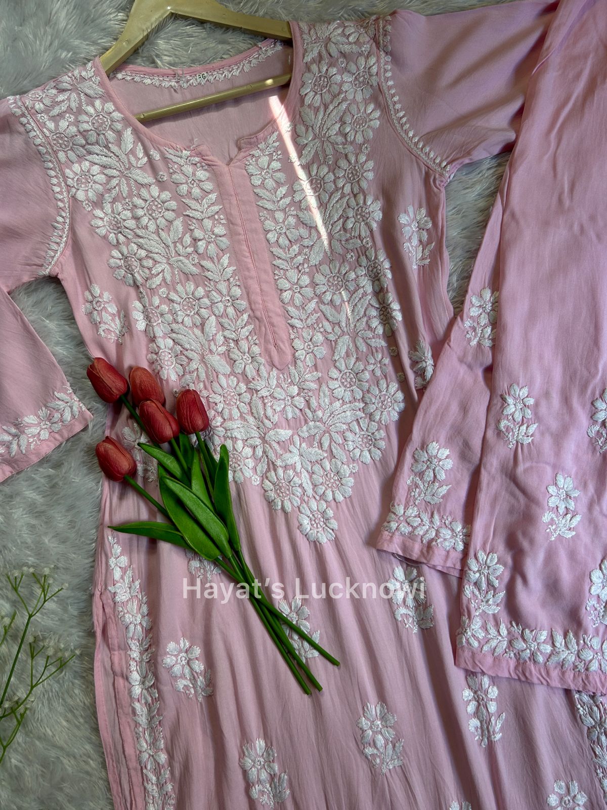 Khushi baby pink chikankari rayon set