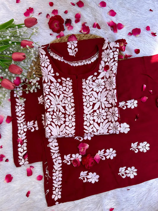 maroon rayon chikankari kurta plazo set with flower hand embroidery | Hayat's Lucknowi