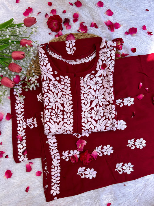 Khushi Maroon Rayon Set - Hayat's Lucknowi