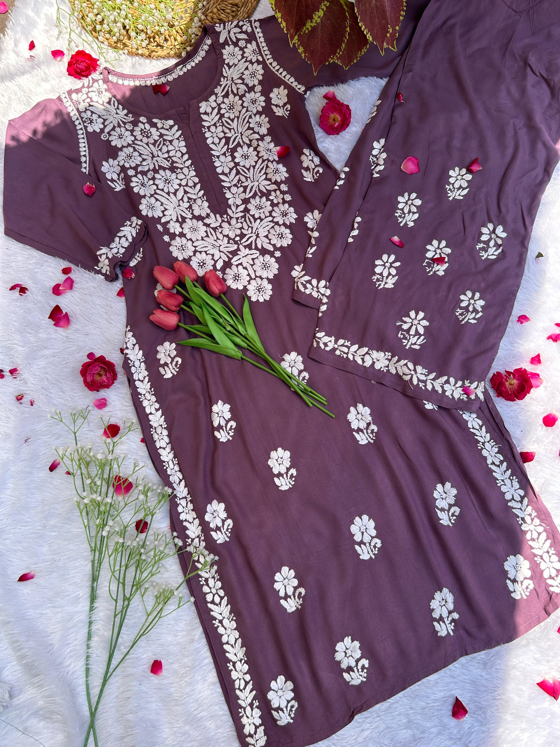 Khushi Mauve Rayon Set - Hayat's Lucknowi