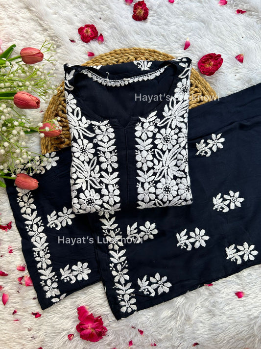 Khushi navy chikankari rayon set - Hayat's Lucknowi