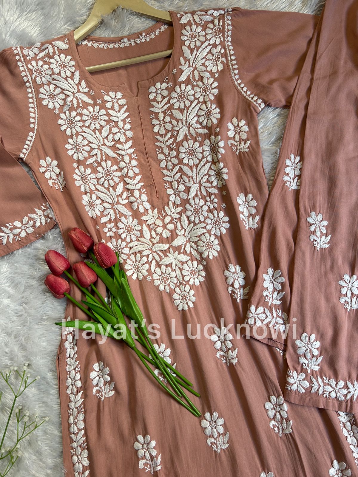 Khushi nude pink chikankari rayon set - Hayat&