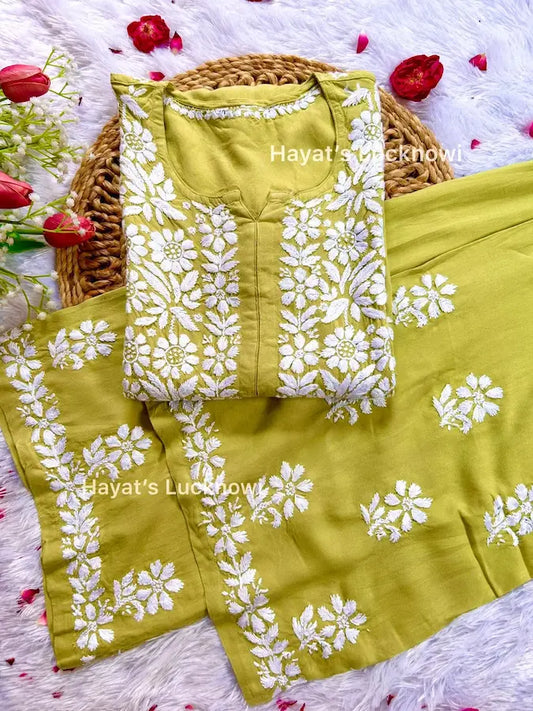 Khushi Olive Green chikankari Rayon Set