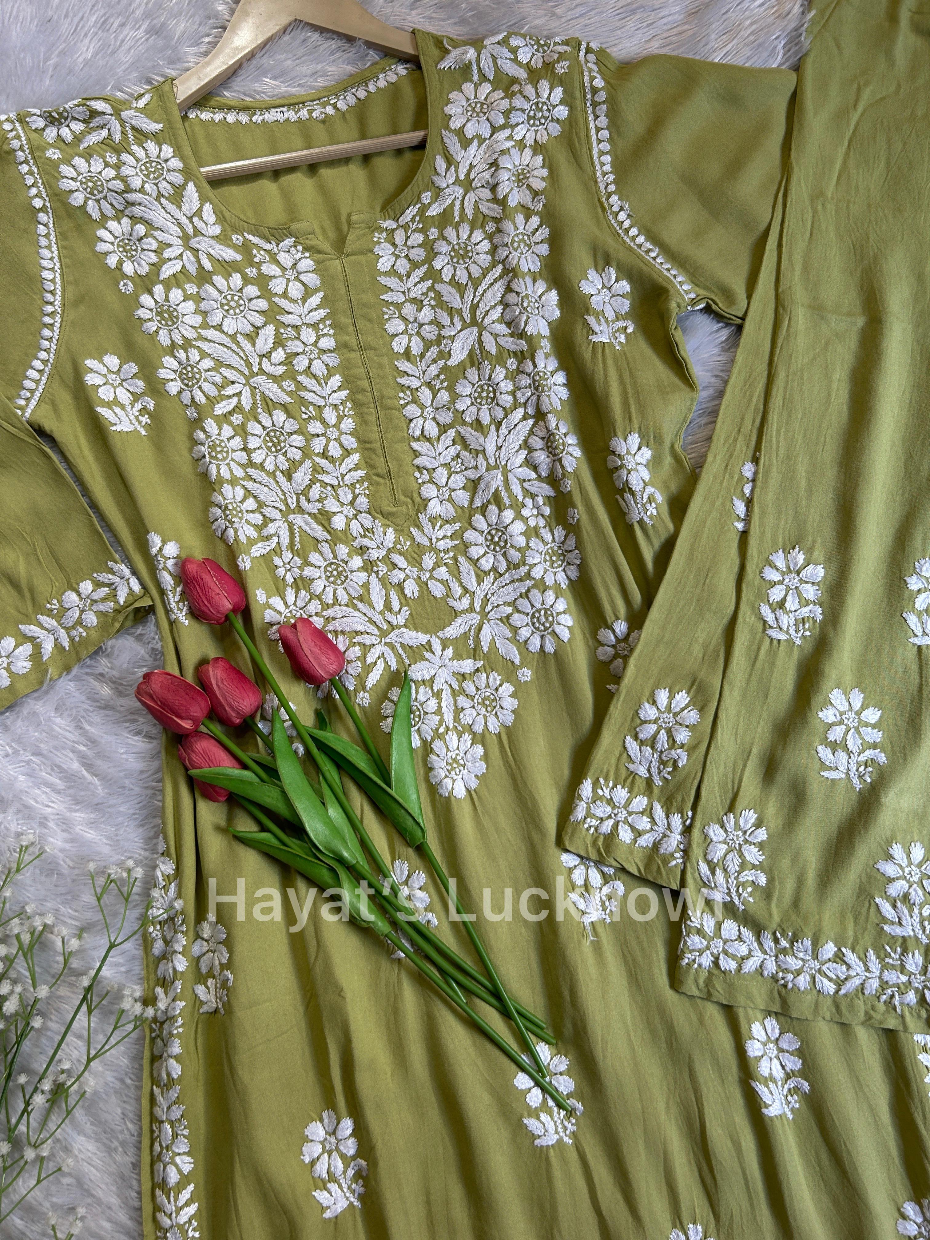 Khushi olive green chikankari rayon set - Hayat&