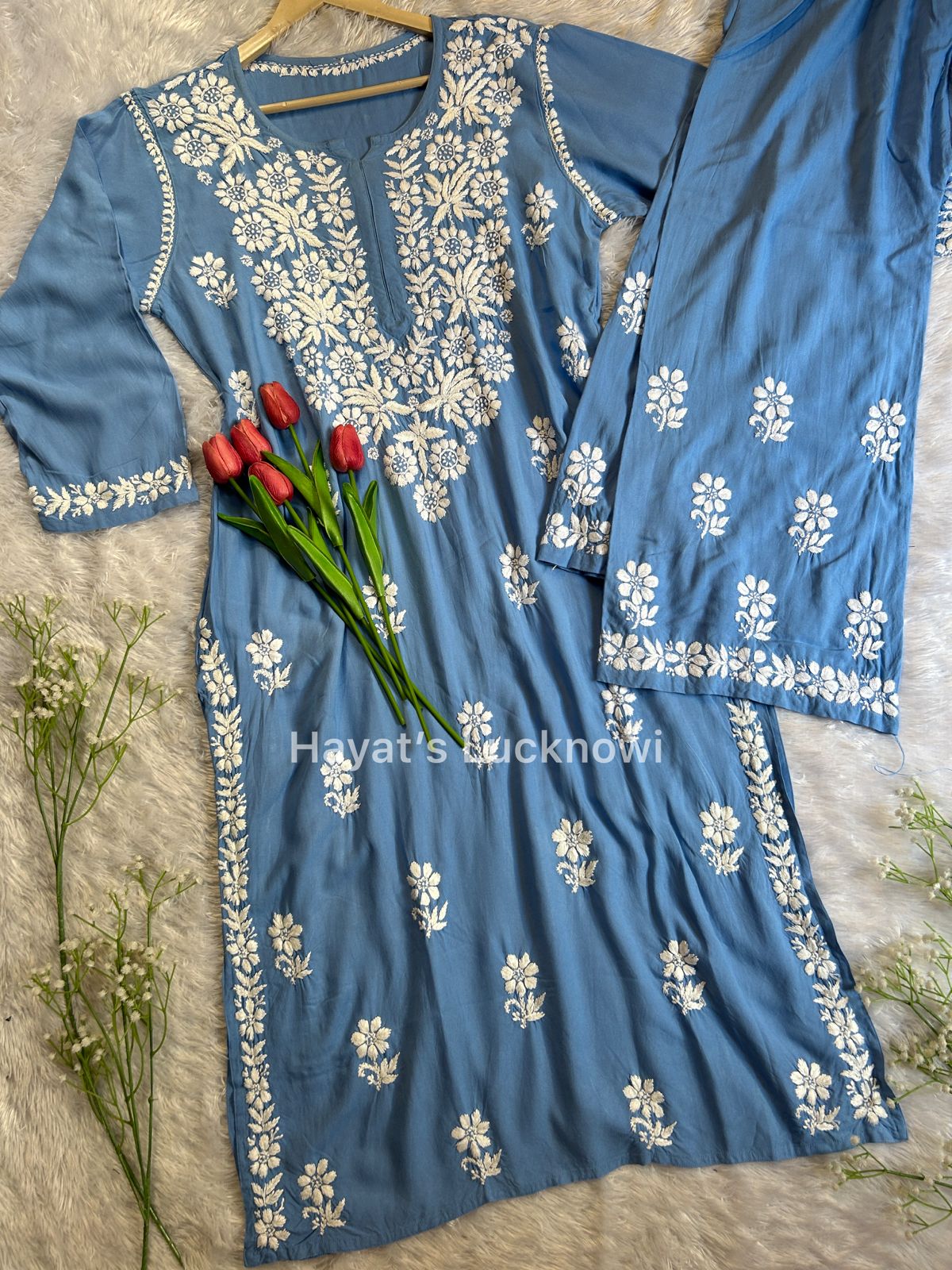 Khushi powder blue chikankari rayon set