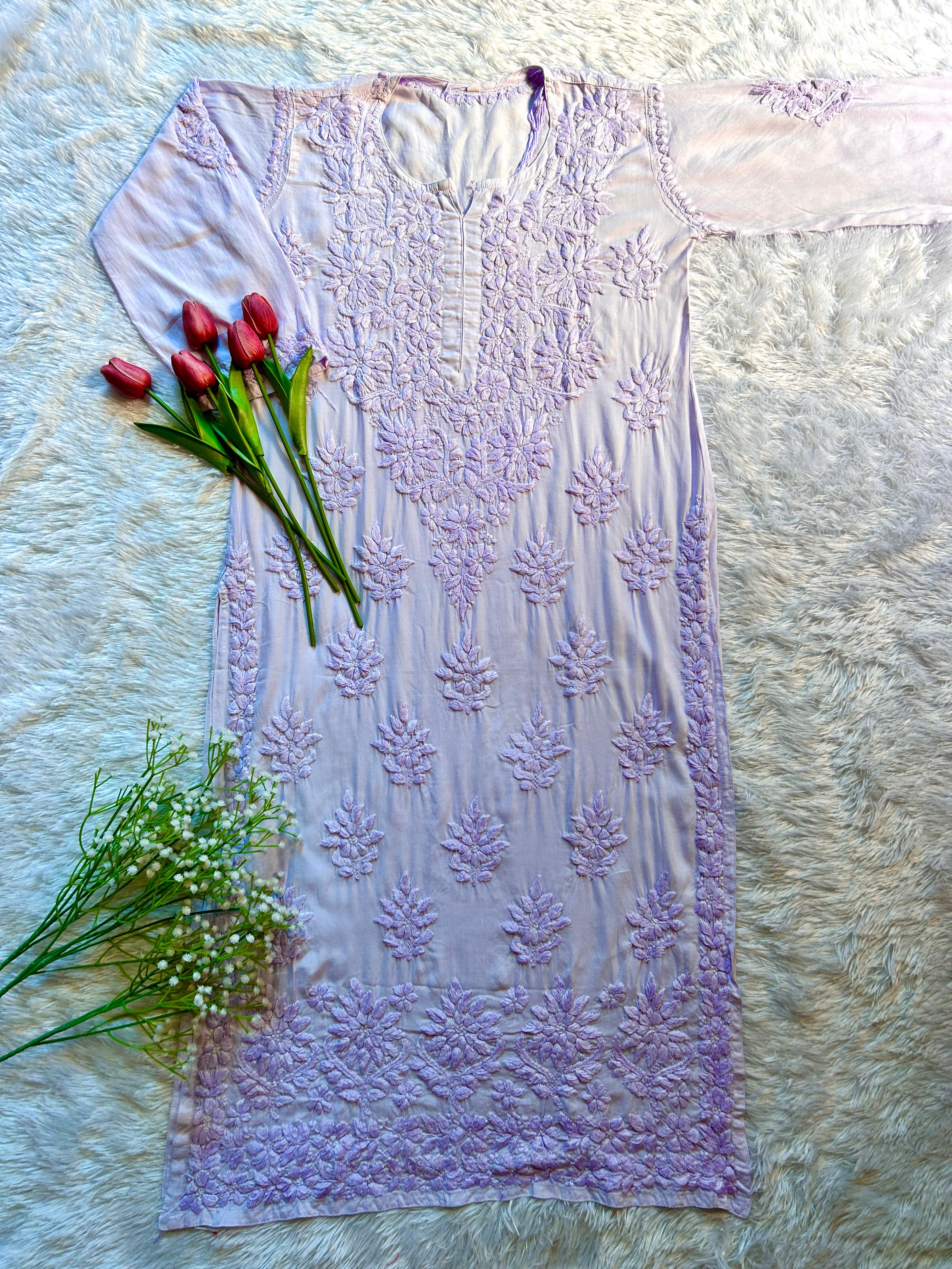 Lavender Chikankari Modal Long Kurta - Hayat&