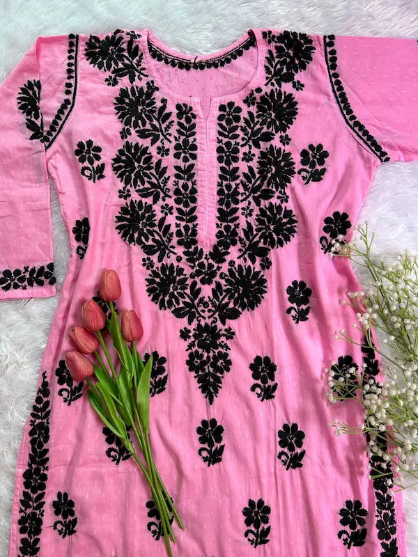 Purple dobby cotton kurti with black embroidery  by Hayat’s Lucknowi