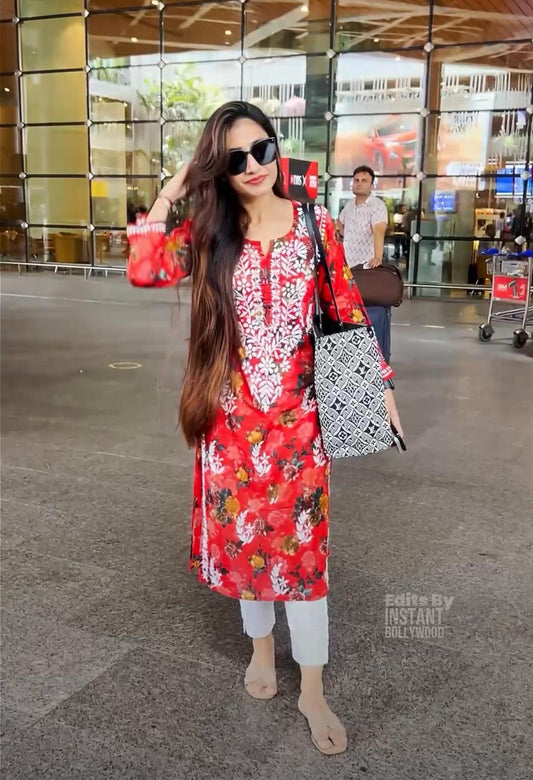 Liza red mul mul chikankari kurta - Hayat's Lucknowi