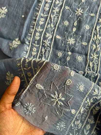 Close-up of Pearl and Cutdana Chikankari Embroidery on Blue Mul Chanderi Fabric