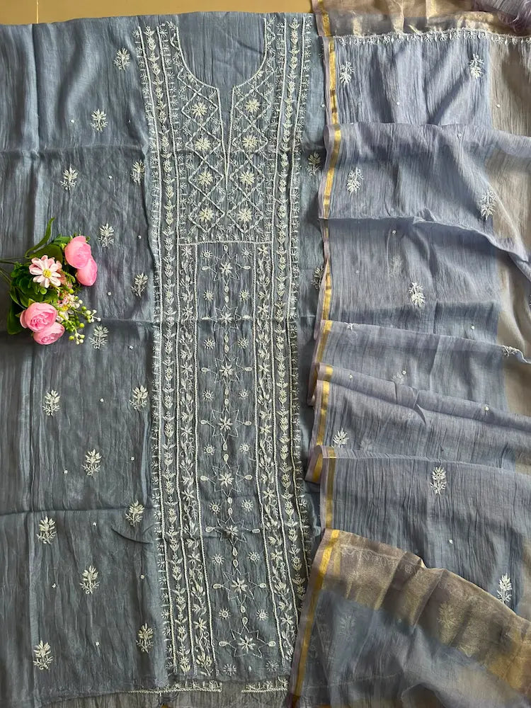 Blue Mul Chanderi Chikankari Kurta Fabric with Delicate Pearl Handwork — Hayat's Lucknowi