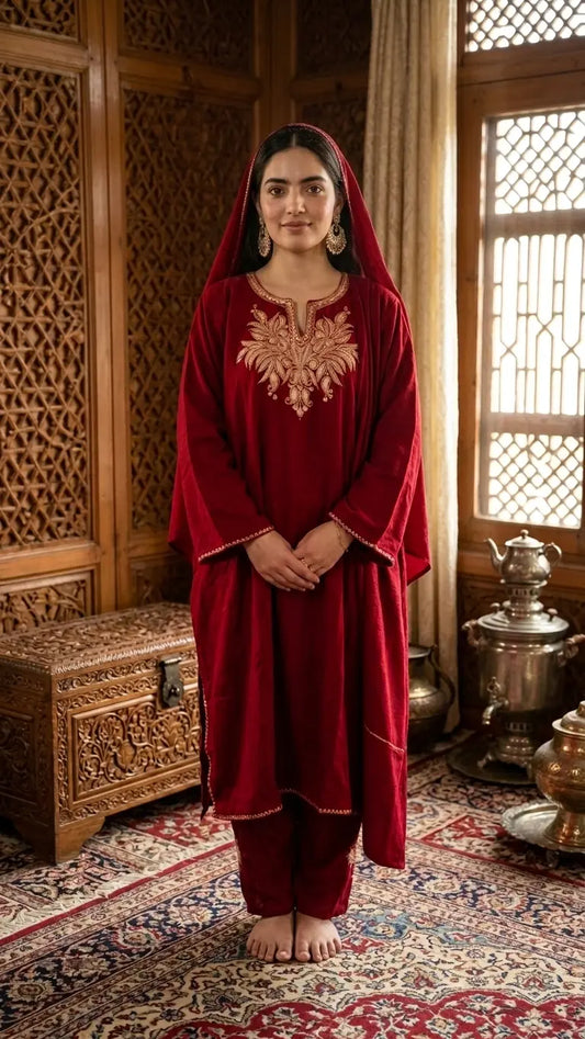 women wear maroon tilla work traditional kashmiri pheran style three piece set in raffal fabric for winter