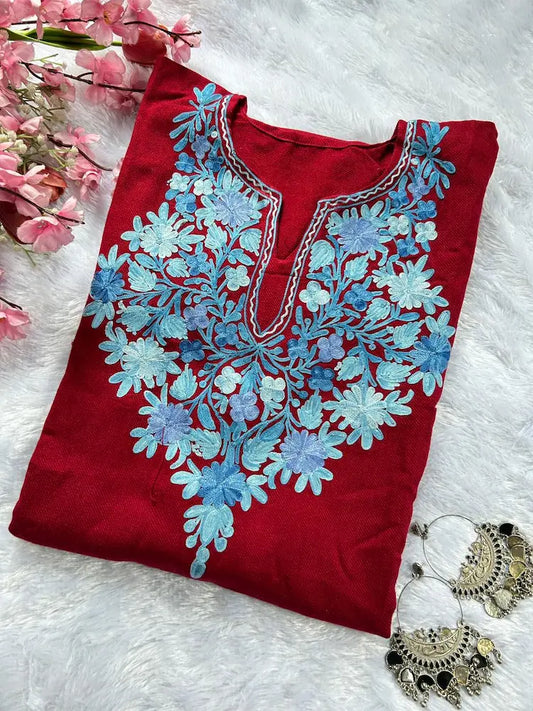 Maroon Kashmiri Aari Work Woolen Pheran by Hayat's Lucknowi