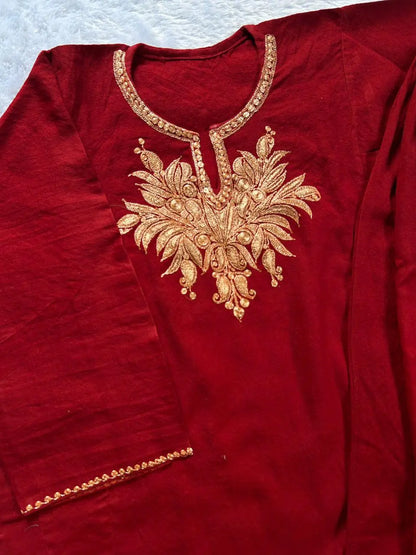 Maroon Kashmiri Tilla Work Woolen Pheran by Hayat's Lucknowi