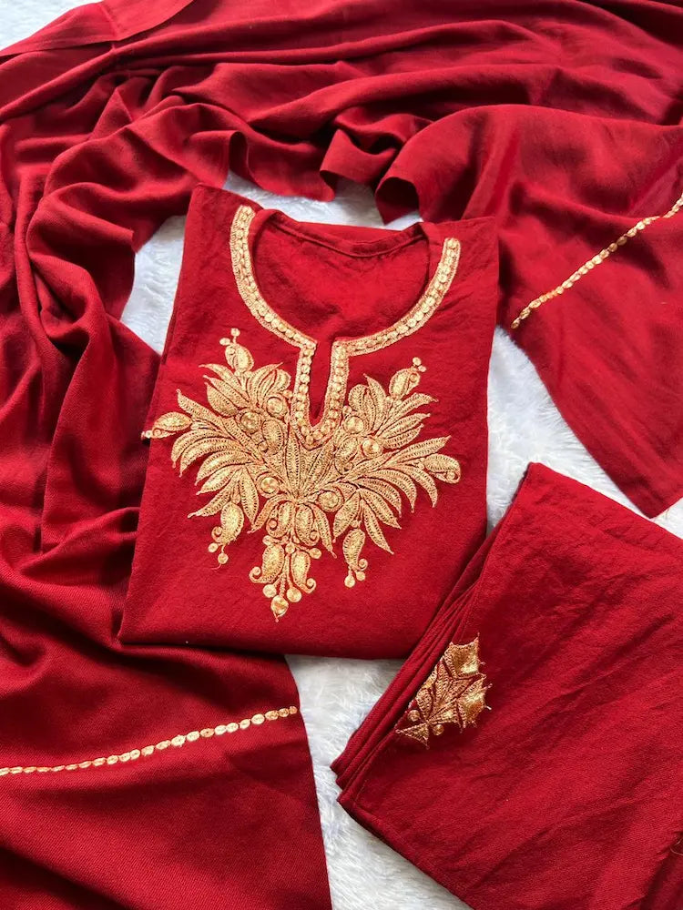 Maroon Kashmiri Tilla Work Woolen Pheran by Hayat's Lucknowi