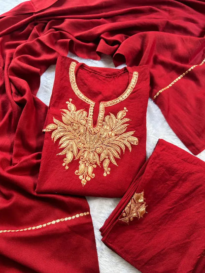 Maroon Kashmiri Tilla Work Woolen Pheran by Hayat's Lucknowi