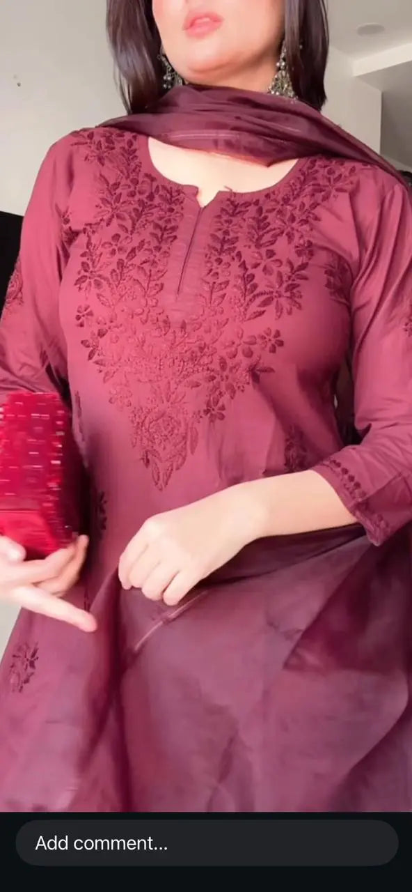 Maroon Lucknowi Chikankari Farshi Shalwar Suit by Hayat's Lucknowi