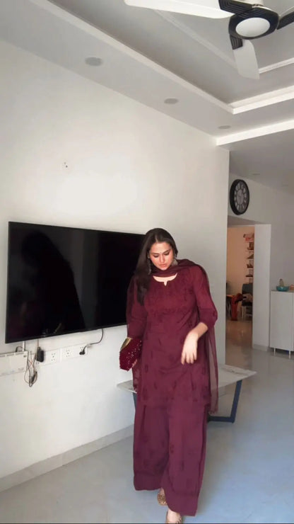 Maroon Lucknowi Chikankari Farshi Shalwar Suit by Hayat's Lucknowi