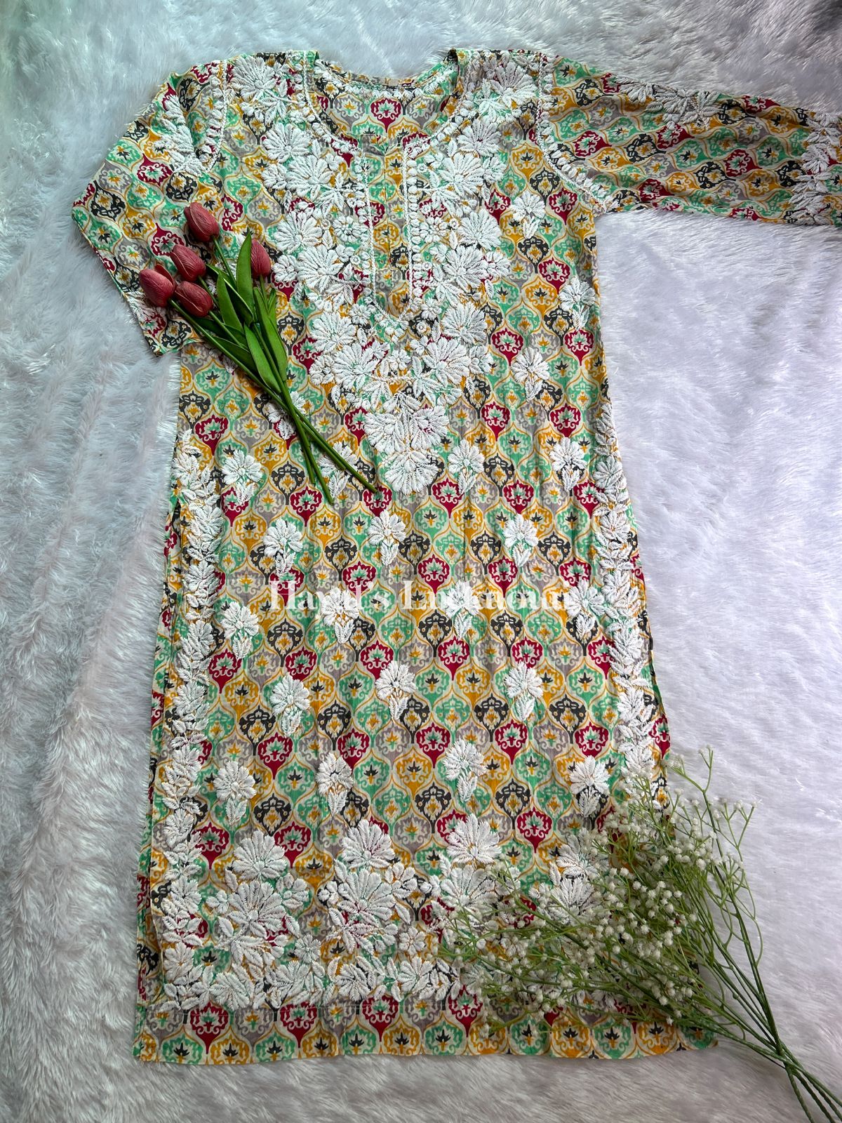 Maryam red-yellow printed mul mul cotton chikankari kurti