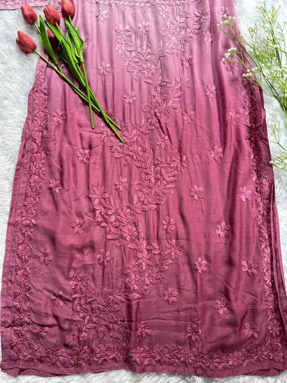 Mauve muslin silk kurti with embroidery by Hayat’s Lucknowi
