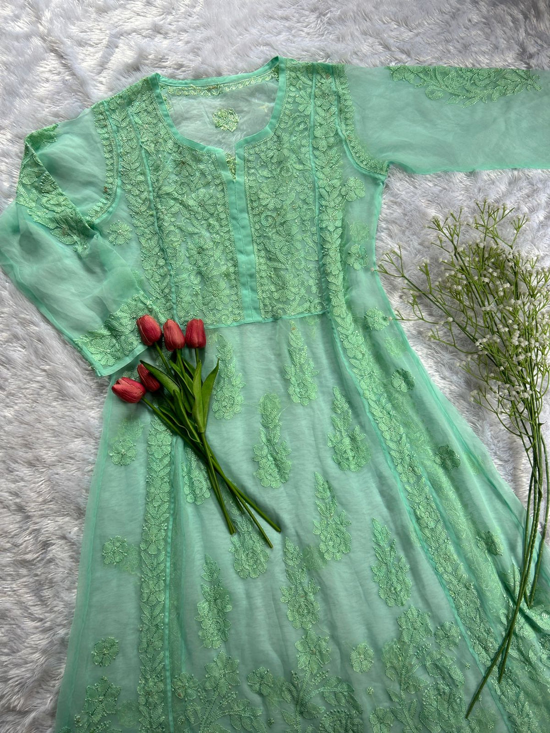 Mint green georgette gown with inner - Hayat&