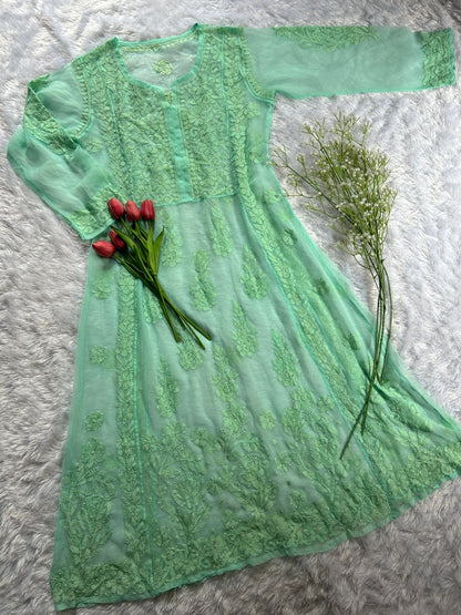 Mint green georgette gown with inner - Hayat&