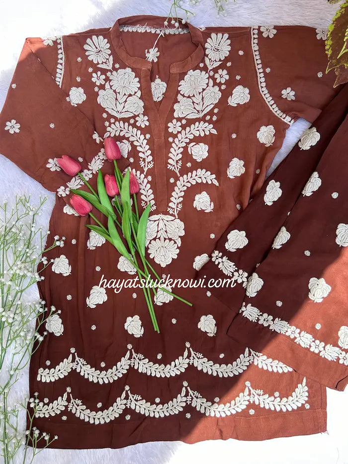 Brown premium modal co-ord with chikankari embroidery by Hayat’s Lucknowi
