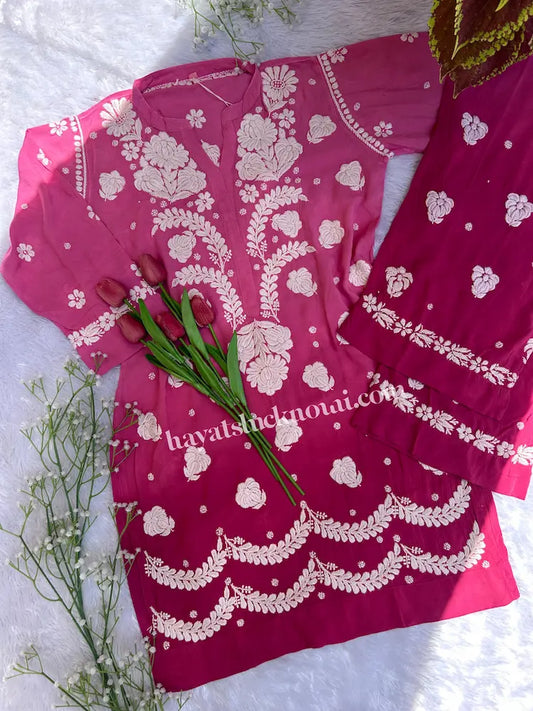 deep fuchsia ombre chikankari modal co-ord | Hayat's Lucknowi