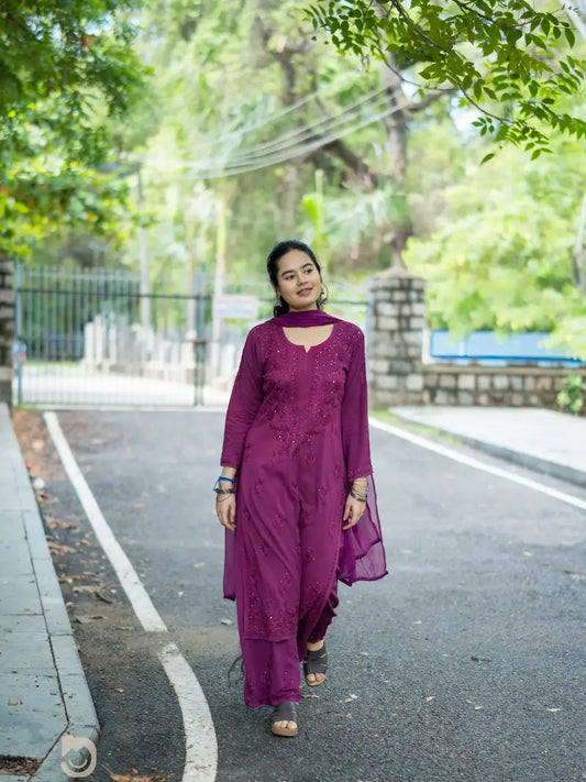 wine chikankari mukesh work handcrafted kurta set with dupatta best for festive wear