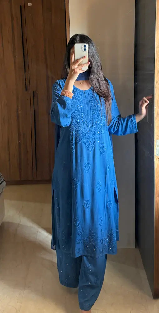 Nagma Blue Rayon Lucknowi Mukesh Chikankari Set by Hayat's Lucknowi