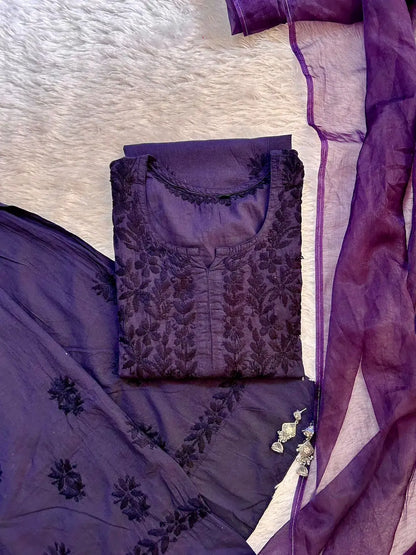 navy blue chikankari farshi shalwar suit set with organza dupatta with intricate hand embroidery