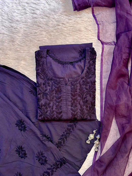 navy blue chikankari farshi shalwar suit set with organza dupatta with intricate hand embroidery