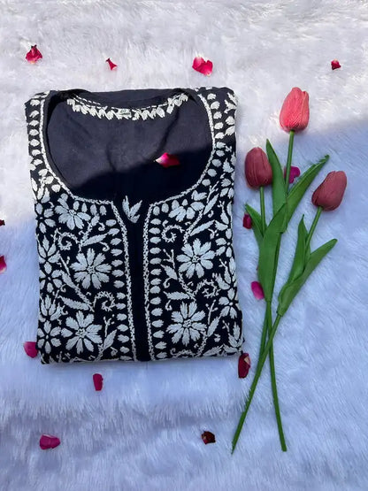 straight modal long chikankari kurti in navy blue colour