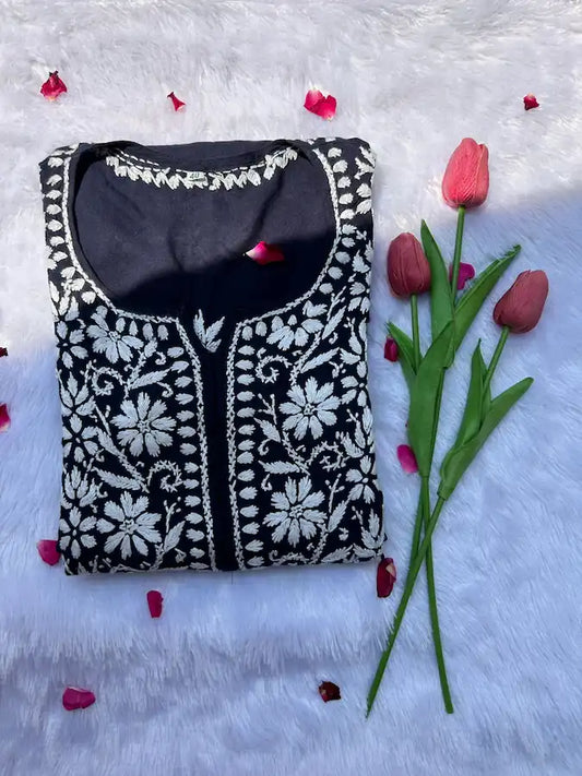 straight modal long chikankari kurti in navy blue colour
