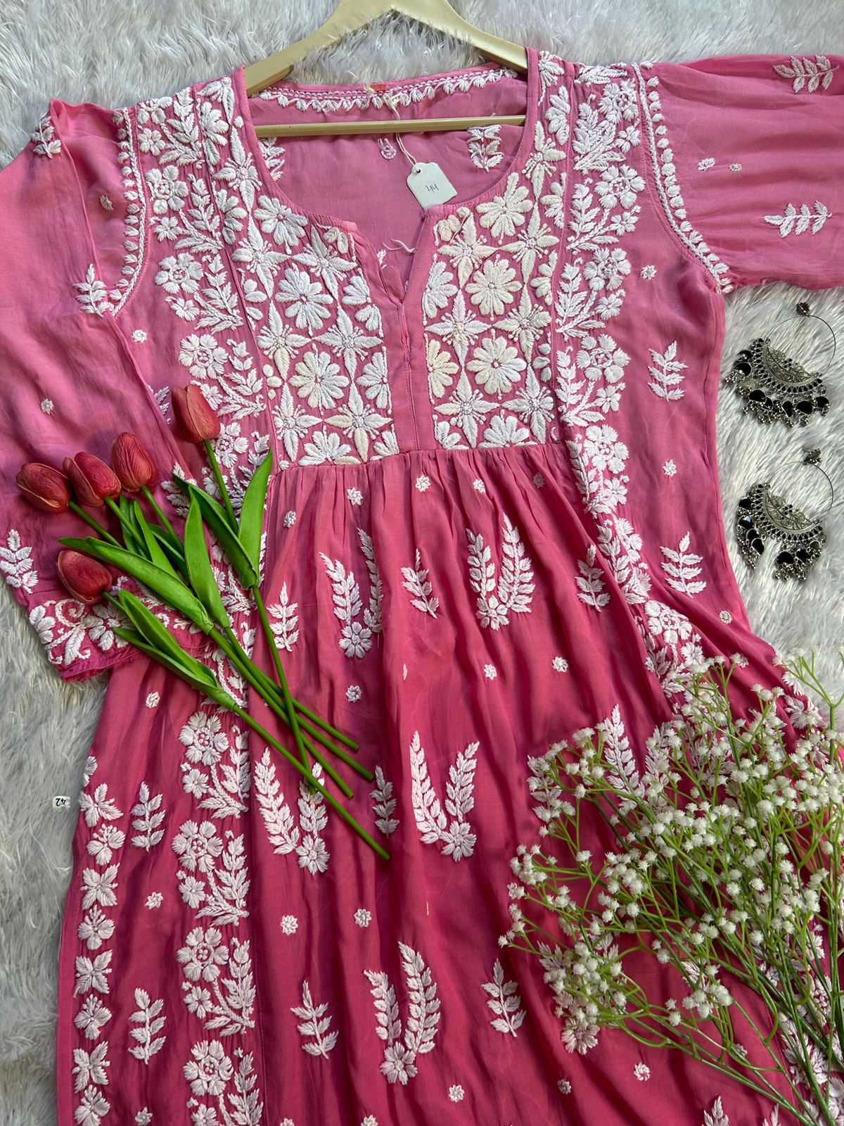 Nisha Pink Muslin Nyra Cut Chikankari Kurti