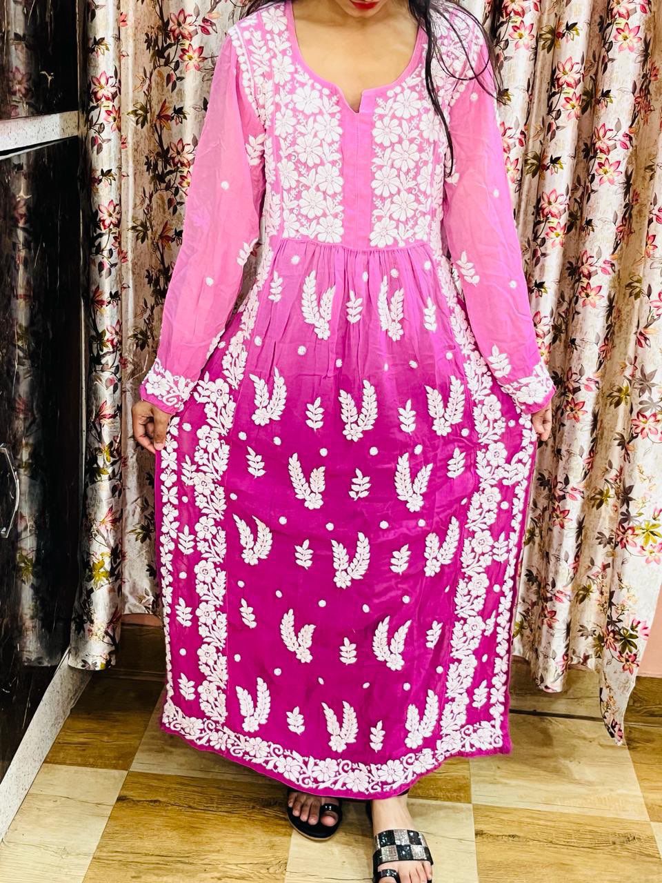 Nisha Pink Muslin Nyra Cut Chikankari Kurti