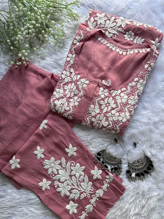 nude pink chikankari co ord with intricate hand work set for traditional wear and office wear