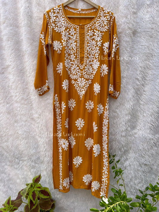 Nuzhat Mustard Chikankari Modal Kurti - Hayat's Lucknowi