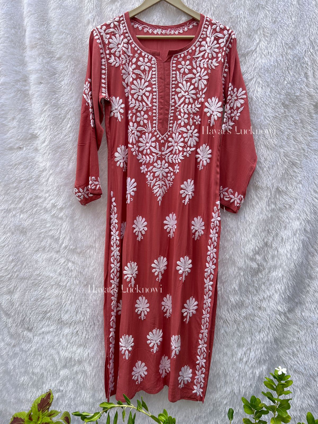 Nuzhat Nude Pink Long Chikankari Modal Kurti - Hayat&