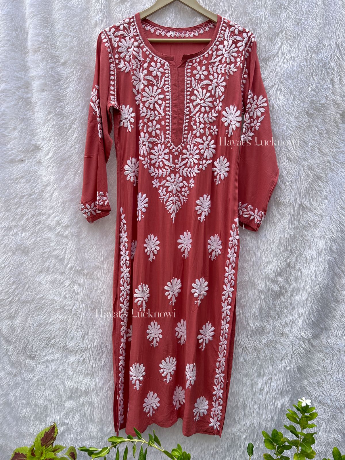 Nuzhat Nude Pink Long Chikankari Modal Kurti