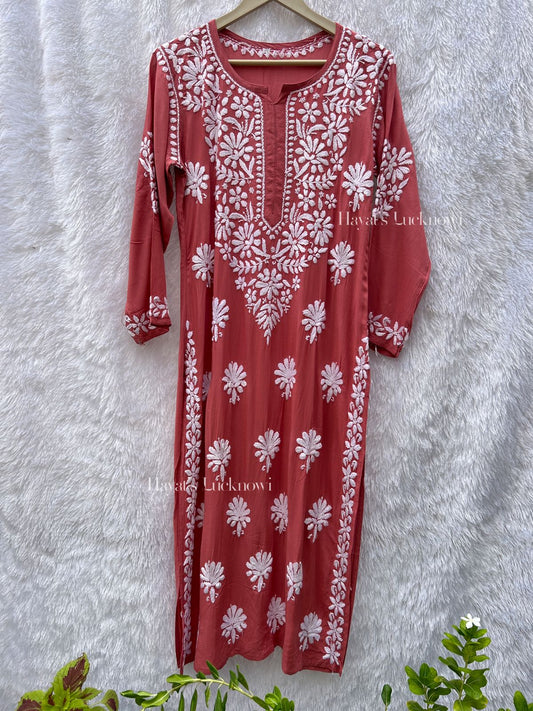 Nuzhat Nude Pink Long Chikankari Modal Kurti